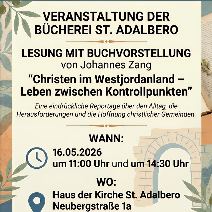 Das Bild ist ein Veranstaltungsplakat für eine Lesung mit Buchvorstellung der Bücherei St. Adalbero in Würzburg. Es zeigt Textinformationen, Datum, Uhrzeit, Ort und einige dekorative Elemente wie Bücher und einen Kaffeebecher.