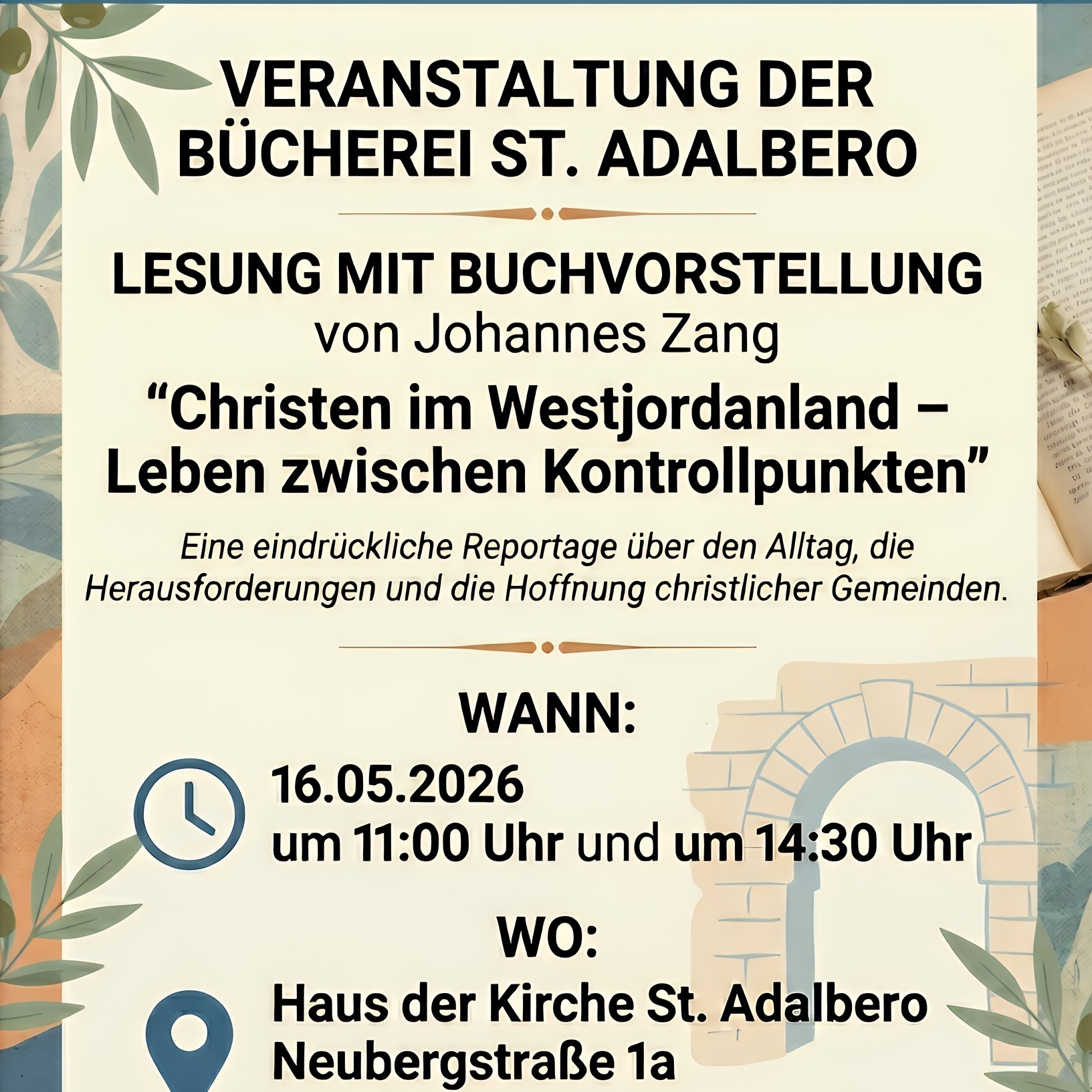 Das Bild ist ein Veranstaltungsplakat für eine Lesung mit Buchvorstellung der Bücherei St. Adalbero in Würzburg. Es zeigt Textinformationen, Datum, Uhrzeit, Ort und einige dekorative Elemente wie Bücher und einen Kaffeebecher.